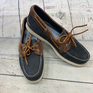 Sperry top Sider leather dark navy brown boat shoes, marking bottom size 9
